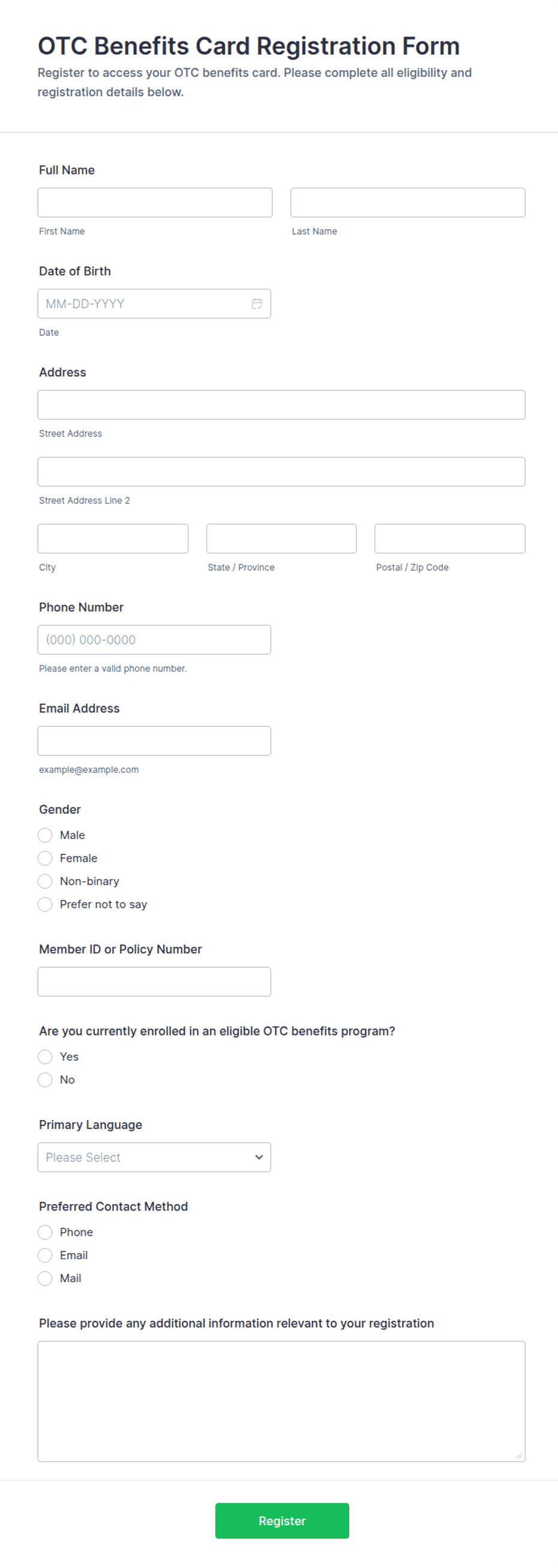 OTC Benefits Card Registration Form Template | Jotform