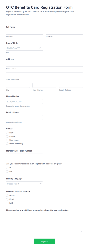 OTC Benefits Card Registration Form Template