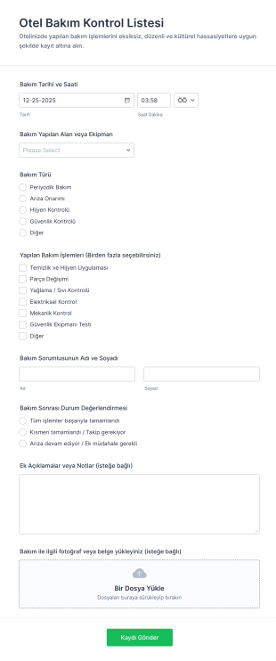 Otel Bakım Kontrol Listesi Form Şablonu