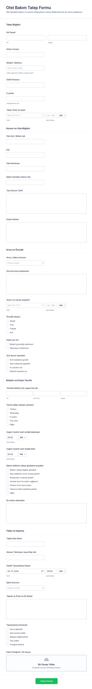 Otel Bakım Talep Form Şablonu