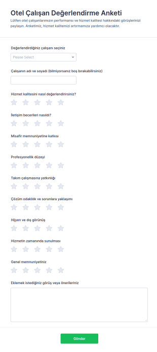 Otel Çalışan Değerlendirme Anketi Form Şablonu