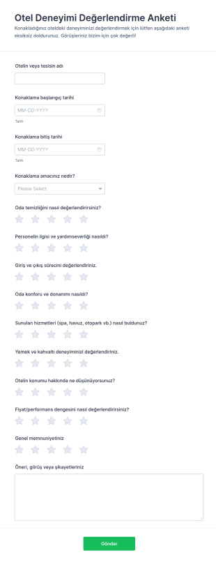 Otel Değerlendirme Anketi Form Şablonu