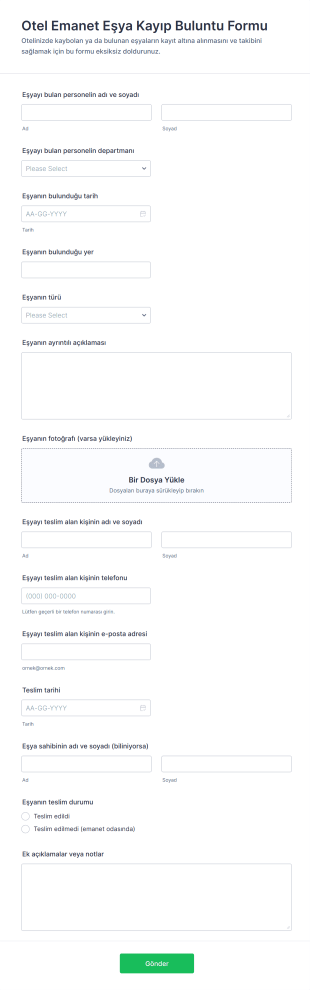 Otel Emanet Eşya Kayıp Buluntu Form Şablonu