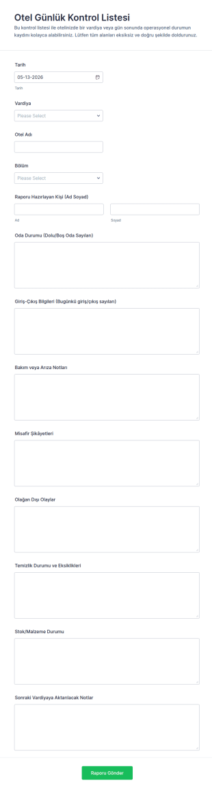 Otel Günlük Raporu Form Şablonu