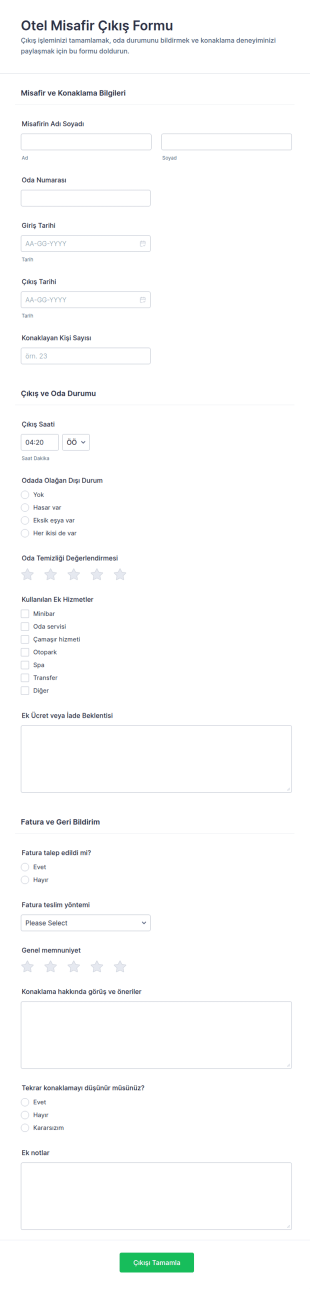 Otel Misafir Çıkış Form Şablonu