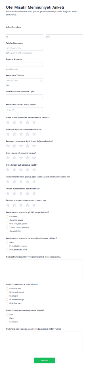 Otel Misafir Memnuniyet Anketi Form Şablonu