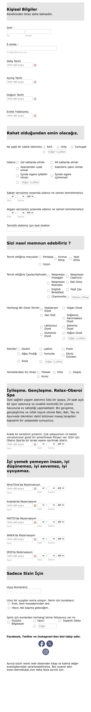 Otel Misafir Tercihi Rezervasyon Form Template