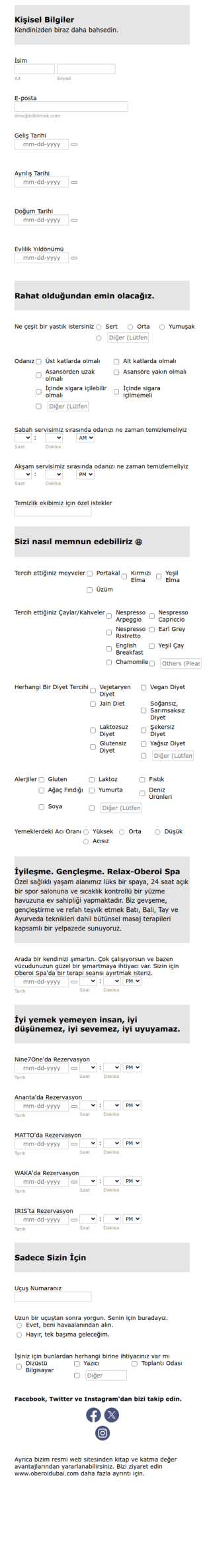 Otel Misafir Tercihi Rezervasyon Form Şablonu