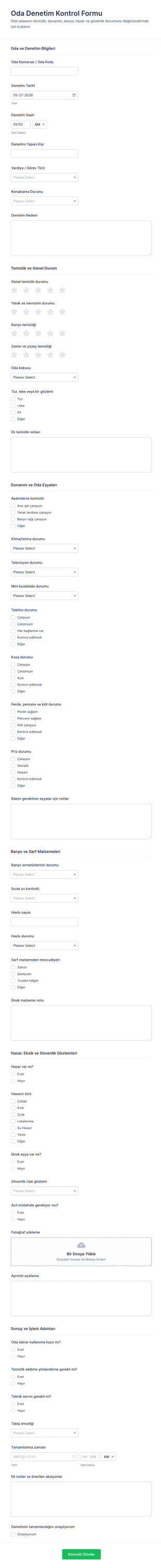Otel Oda Denetim Form Şablonu