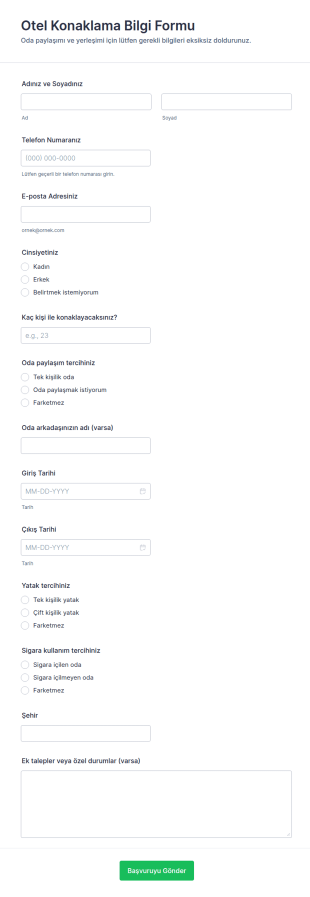 Otel Oda Listesi Form Şablonu