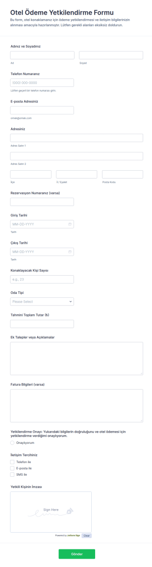 Otel Ödeme Yetkilendirme Form Şablonu