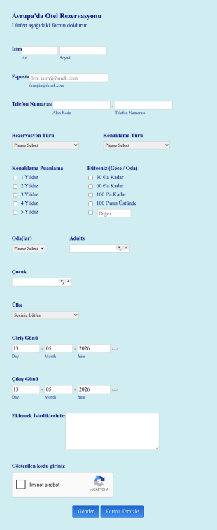 Otel Rezervasyonu Form Şablonu