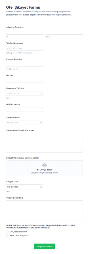 Otel Şikayet Form Şablonu