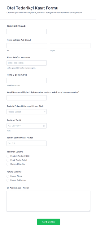 Otel Tedarikçi Kayıt Form Template