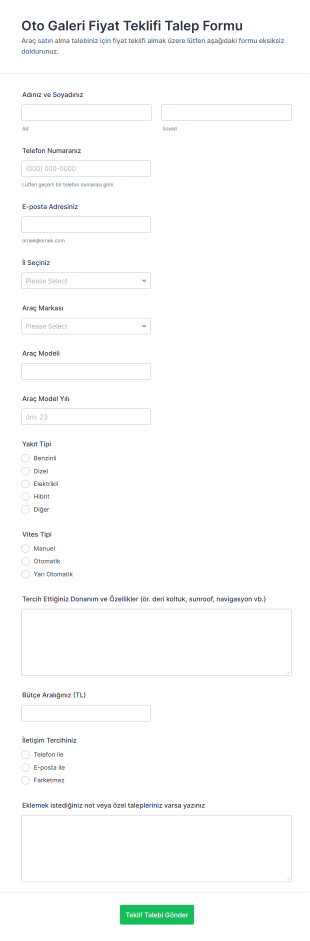 Oto Galeri Fiyat Teklifi Talep Form Şablonu