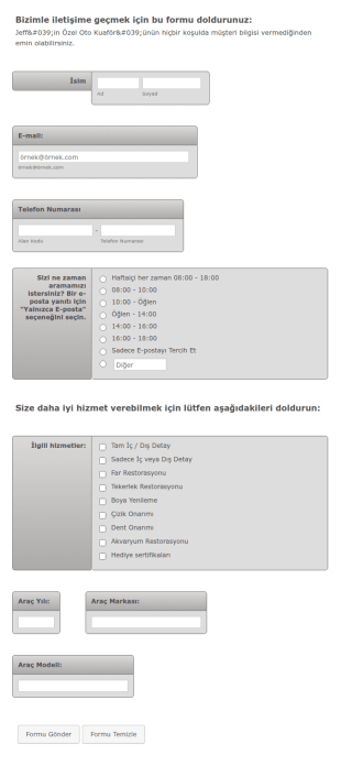 Oto Kuaför İletişim Form Şablonu