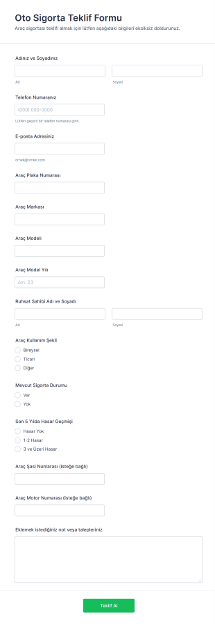Oto Sigorta Teklif Form Şablonu