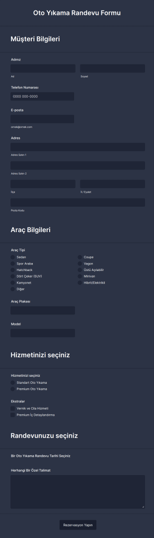 Oto Yıkama Randevu Form Şablonu