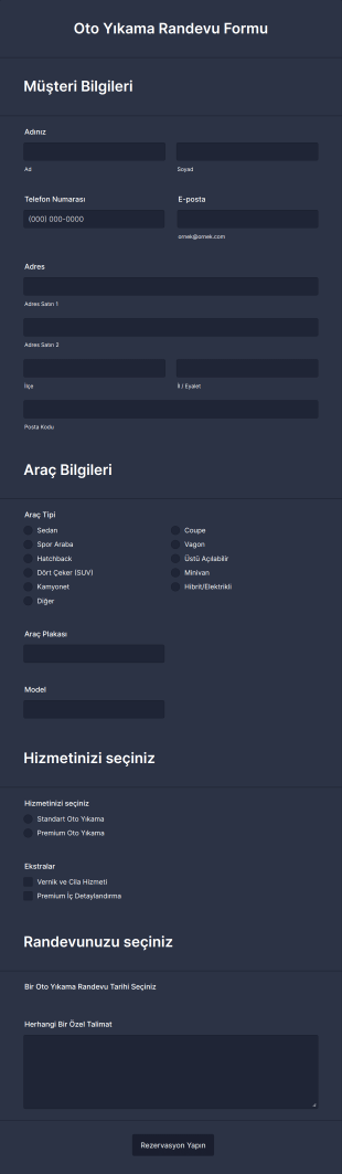 Oto Yıkama Randevu Form Template