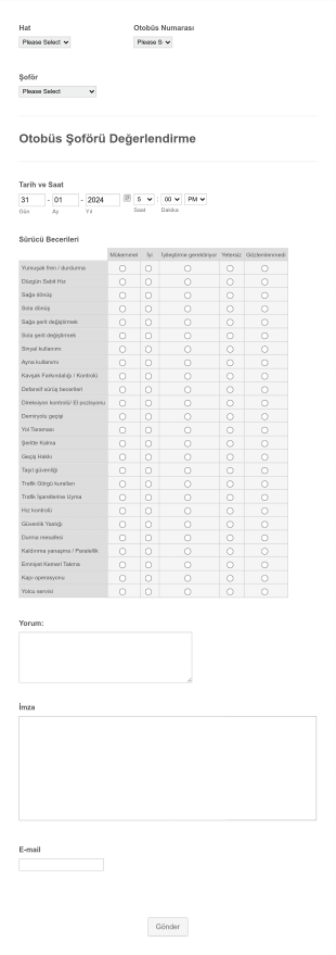 Otobüs Şoförü Değerlendirme Form Şablonu