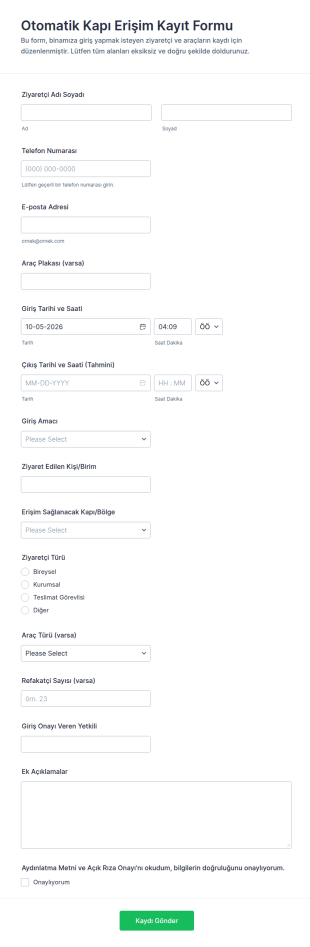 Otomatik Kapı Kayıt Form Şablonu