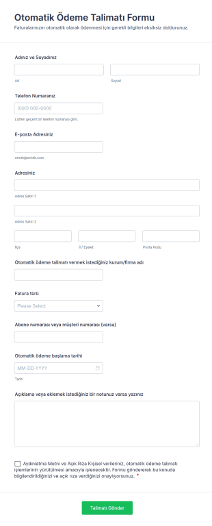 Otomatik Ödeme Talimatı Form Şablonu