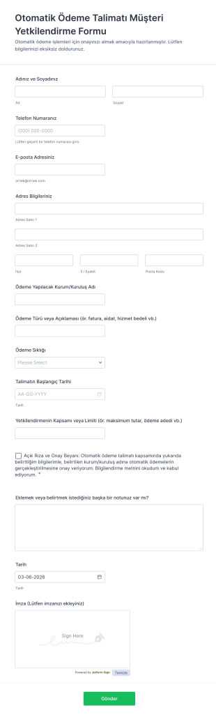Otomatik Ödeme Talimatı Müşteri Yetkilendirme Form Şablonu