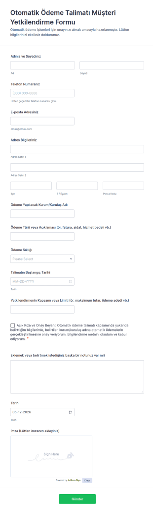 Otomatik Ödeme Talimatı Müşteri Yetkilendirme Form Şablonu