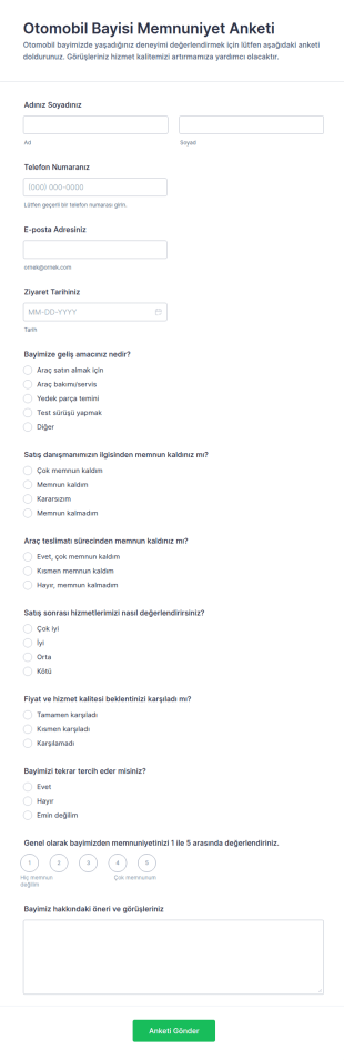 Otomobil Bayisi Memnuniyet Anketi Form Şablonu