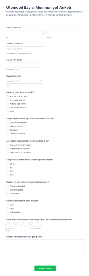 Otomobil Bayisi Memnuniyet Anketi Form Şablonu