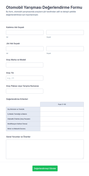 Otomobil Yarışması Değerlendirme Form Şablonu