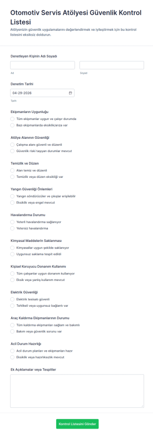 Otomotiv Atölyesi Güvenlik Kontrol Listesi Form Şablonu