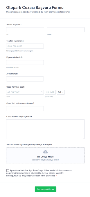Otopark Cezası Başvuru Form Template