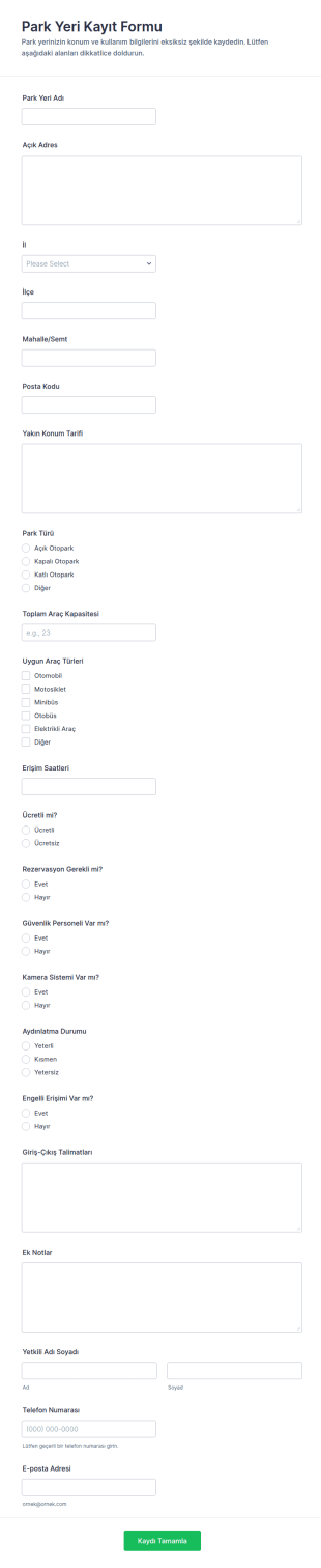 Otopark Konum Kaydetme Form Şablonu