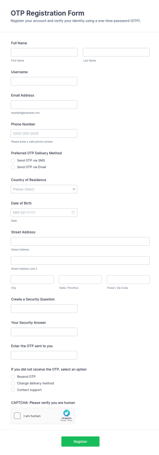 One Time Password (OTP) Registration Form Template