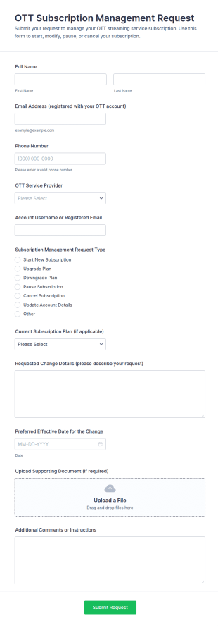 OTT Subscription Management Request Form Template