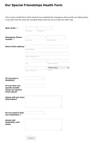 Our Special Friendships Health Form Template
