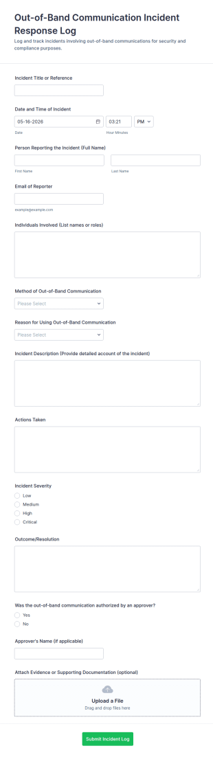 Out Of Band Communication Incident Response Log Form Template