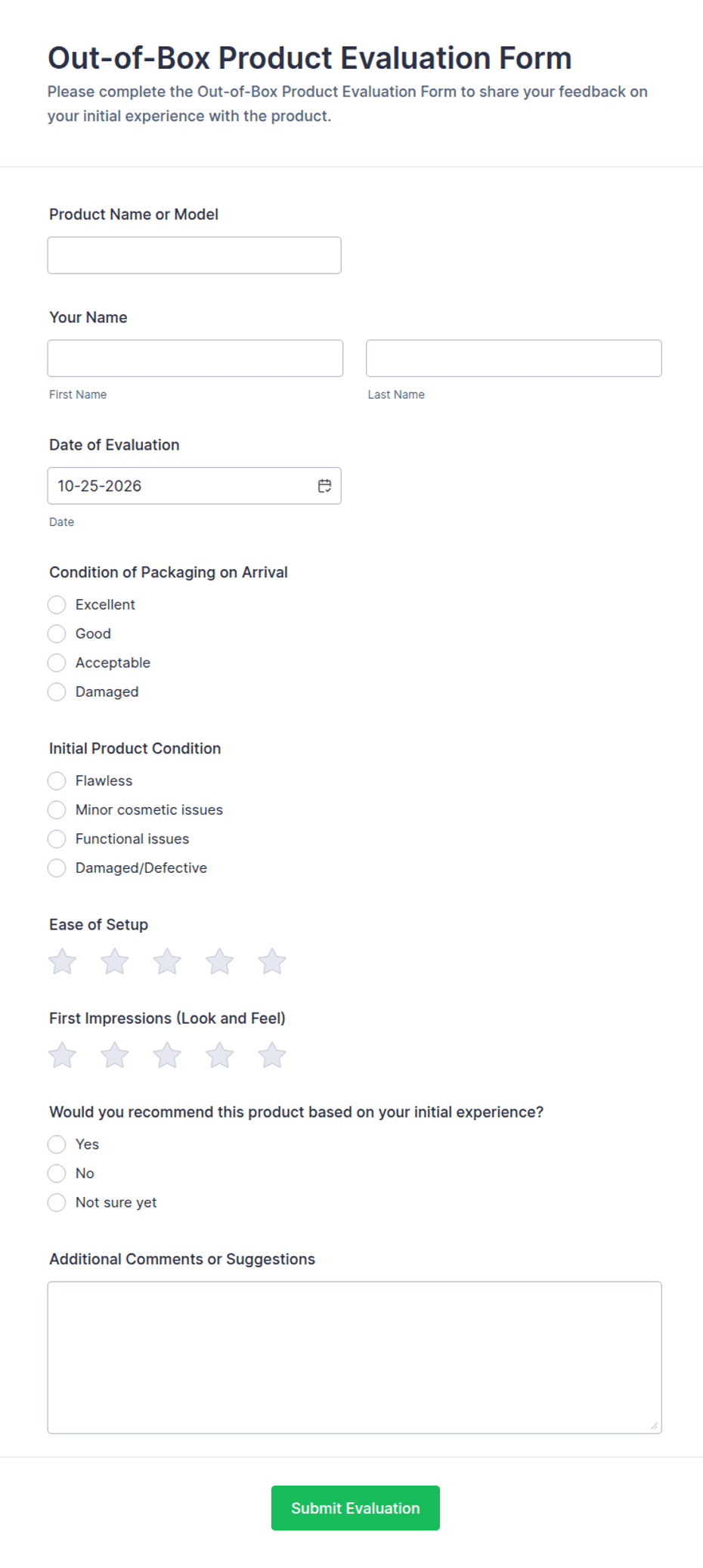 Out-of-Box Product Evaluation Form Template | Jotform