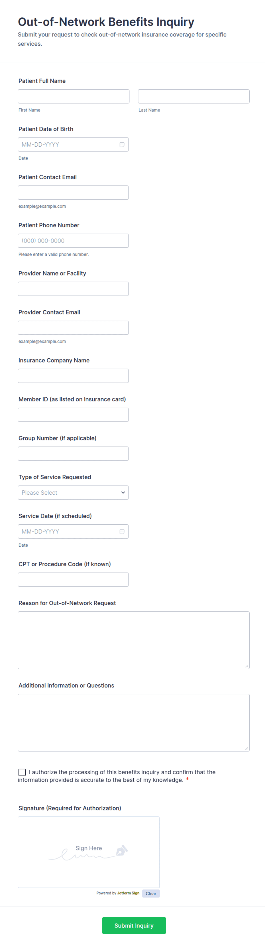 Out-of-Network Benefits Inquiry Form Template | Jotform