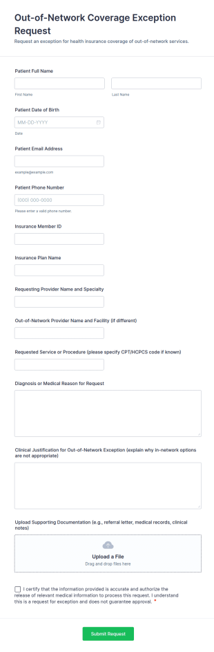 Out Of Network Coverage Exception Request Form Template