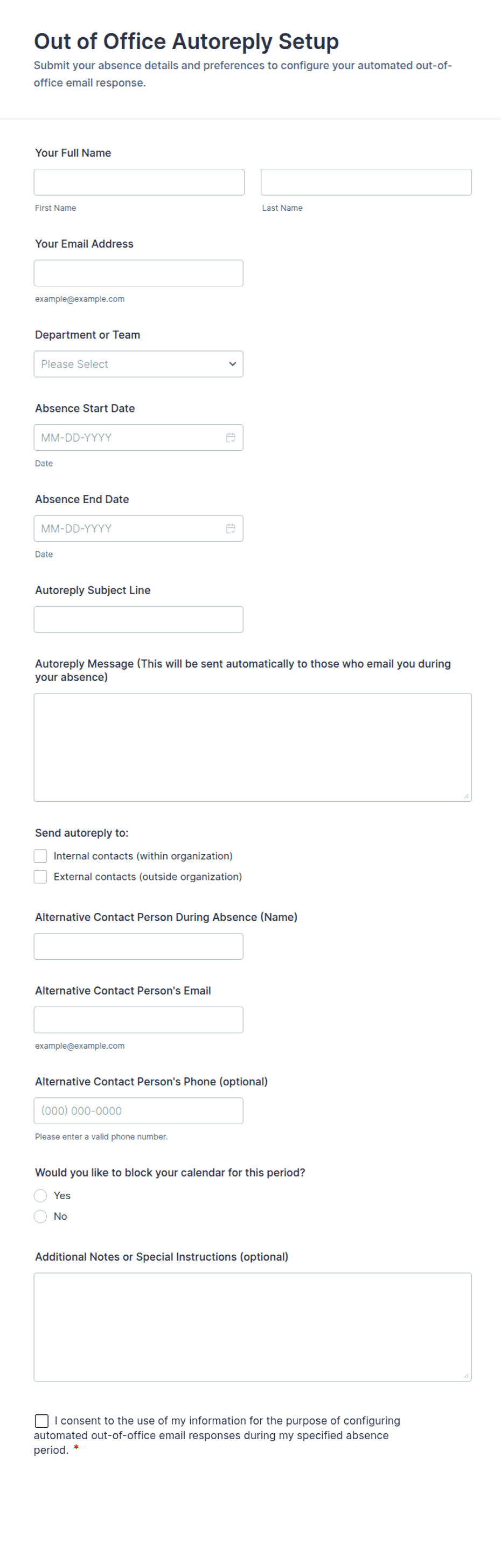 Out of Office Autoreply Setup Form Template | Jotform