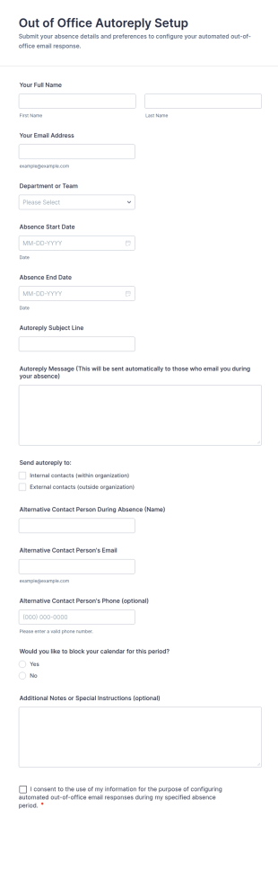 Out Of Office Autoreply Setup Form Template