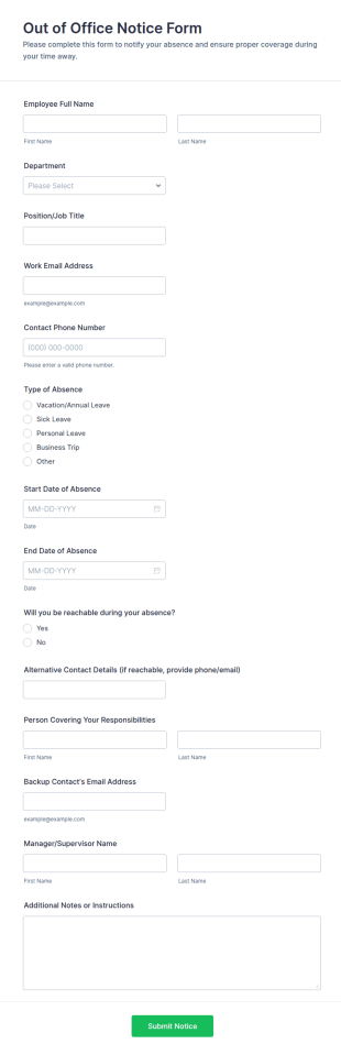 Out Of Office Notice Form Template