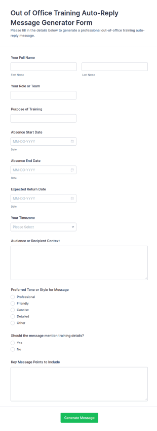 Out Of Office Training Auto Reply Message Generator Form Template