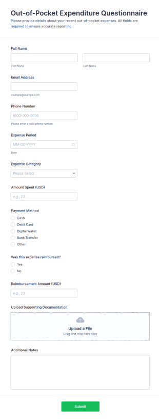 Out Of Pocket Expenditure Questionnaire Form Template