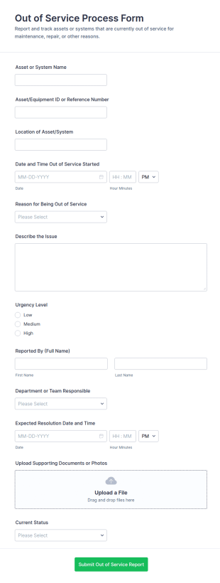Out Of Service Process Form Template