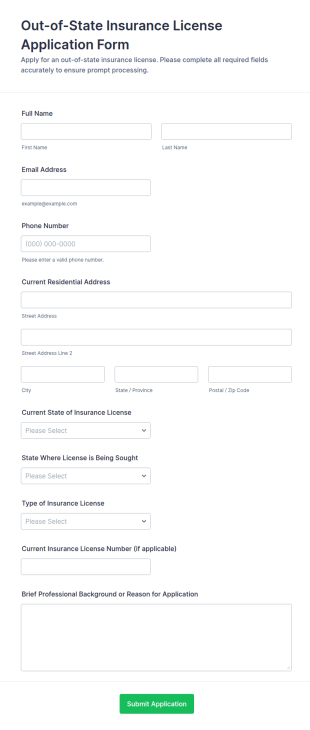 Out Of State Insurance License Application Form Template