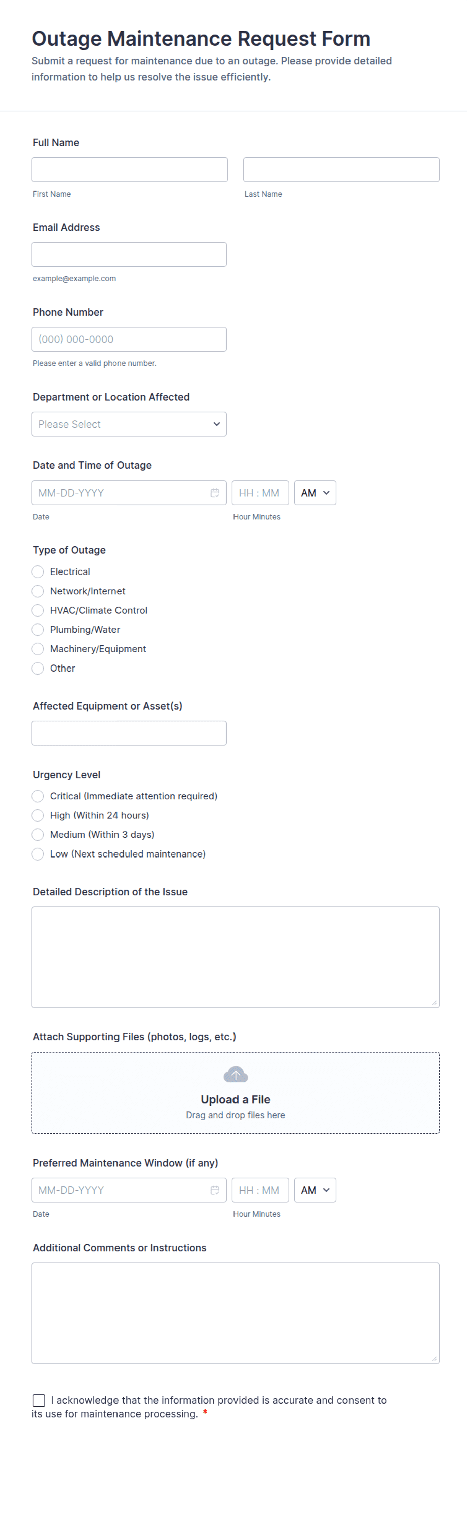 Unavailability Request Form Outage Maintenance Request Form Template | Jotform