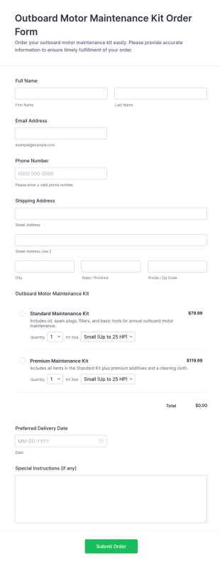 Outboard Motor Maintenance Kit Order Form Template